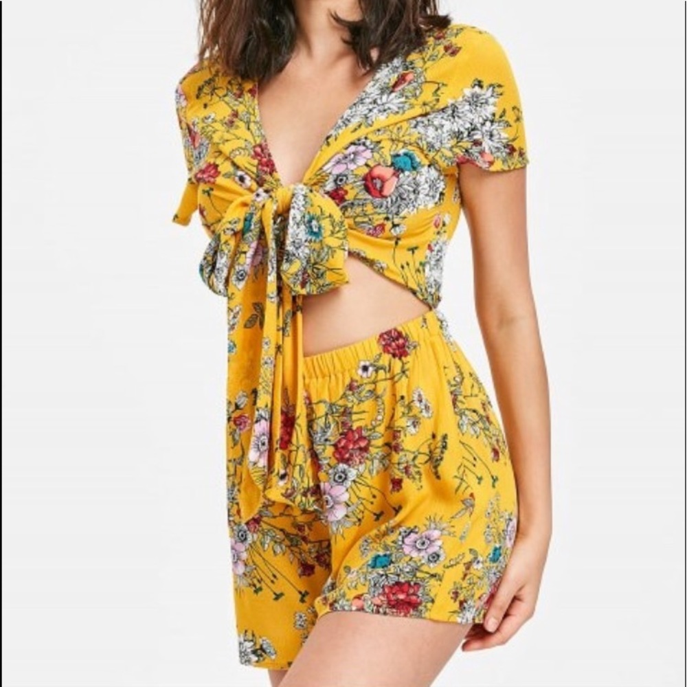 Yellow tie front floral romper